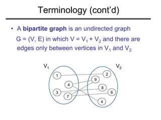 Terminology (cont’d)
• A bipartite graph is an undirected graph
G = (V, E) in which V = V1 + V2 and there are
edges only between vertices in V1 and V2
1 2
3
4
4
9
7
6
8
V1 V2
 