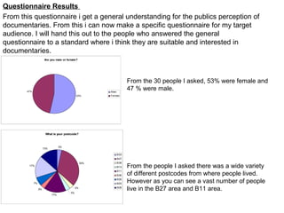 Questionnaire Results
From this questionnaire i get a general understanding for the publics perception of
documentaries. From this i can now make a specific questionnaire for my target
audience. I will hand this out to the people who answered the general
questionnaire to a standard where i think they are suitable and interested in
documentaries.
                        Are you male or female?




                                                                       From the 30 people I asked, 53% were female and
       47%                                                Male
                                                                       47 % were male.
                                               53%        Female




                        What is your postcode?



                                   3%
                       13%

                                                                 B33
                                                                 B27
                                                    34%          B38
        17%                                                      B13   From the people I asked there was a wide variety
                                                                 B11
                                                                 B36   of different postcodes from where people lived.
             7%
                                                                 B26
                                                                 B24   However as you can see a vast number of people
                  3%
                                          3%
                                               3%                B28
                                                                       live in the B27 area and B11 area.
                             17%
 