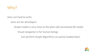Why?
Joins are hard to write
Joins are for developers
Graph model is very close to the plain old normalized ER-model
Visual navigation is for human beings
Can perform Graph Algorithms on partial loaded data!
 