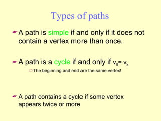 Types of paths A path is  simple  if and only if it does not contain a vertex more than once. A path is a  cycle  if and only if  v 0 = v k The beginning and end are the same vertex! A path contains a cycle if some vertex appears twice or more 