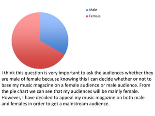 I think this question is very important to ask the audiences whether they are male of female because knowing this I can decide whether or not to base my music magazine on a female audience or male audience. From the pie chart we can see that my audiences will be mainly female. However, I have decided to appeal my music magazine on both male and females in order to get a mainstream audience.