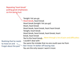 Repeating ‘heart break’ putting great emphasizes on him being hurtTonight I let you goHeart break, heart breakHeart break (tonight I let you go)Heart, heart breakHeart break, heart break, heart heart breakTonight, heart breakHeart break, heart break, heart break, heart break, heart breakYou’re the heart breakI couldn’t deal withYou were the mistake that no-one could save me fromBut I know I’m better off leaving nowYou are the only reason I want it moreWent through a lot of pain and difficultiesRealizing that he needs to move on andForget about the past