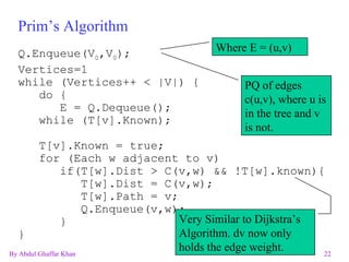 Prim’s Algorithm Q.Enqueue(V 0 ,V 0 ); Vertices=1 while (Vertices++ < |V|) { do { E = Q.Dequeue(); while (T[v].Known); T[v].Known = true; for (Each w adjacent to v)  if(T[w].Dist > C(v,w) && !T[w].known){ T[w].Dist = C(v,w); T[w].Path = v; Q.Enqueue(v,w);  } } Very Similar to Dijkstra’s Algorithm. dv now only holds the edge weight. PQ of edges c(u,v), where u is in the tree and v is not. Where E = (u,v) 