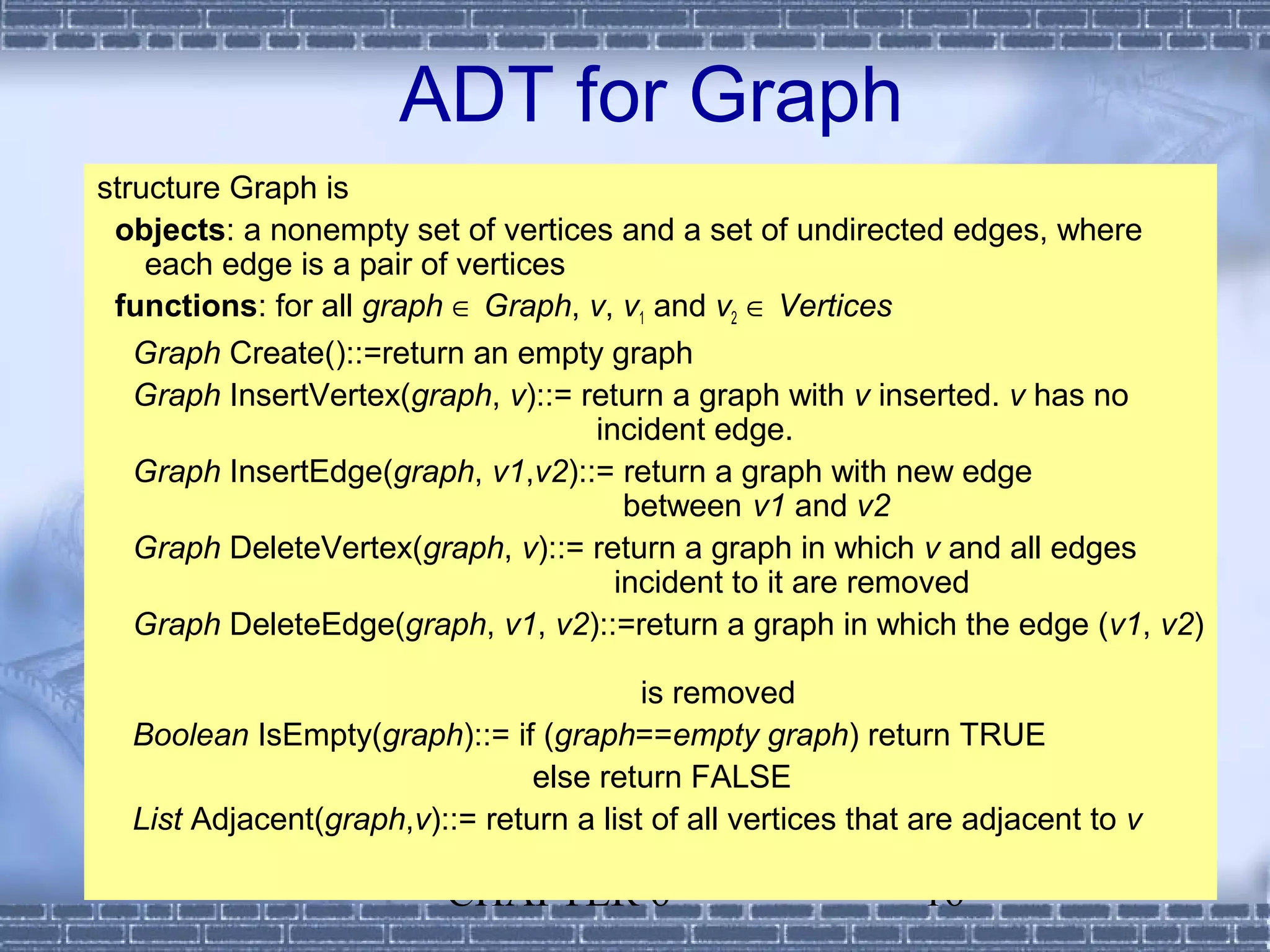 ADT for Graph
structure Graph is
 objects: a nonempty set of vertices and a set of undirected edges, where
    each edge is a pair of vertices
 functions: for all graph ∈ Graph, v, v1 and v2 ∈ Vertices
   Graph Create()::=return an empty graph
   Graph InsertVertex(graph, v)::= return a graph with v inserted. v has no
                                    incident edge.
   Graph InsertEdge(graph, v1,v2)::= return a graph with new edge
                                       between v1 and v2
   Graph DeleteVertex(graph, v)::= return a graph in which v and all edges
                                      incident to it are removed
   Graph DeleteEdge(graph, v1, v2)::=return a graph in which the edge (v1, v2)

                                         is removed
  Boolean IsEmpty(graph)::= if (graph==empty graph) return TRUE
                                else return FALSE
  List Adjacent(graph,v)::= return a list of all vertices that are adjacent to v

                          CHAPTER 6                            16
 