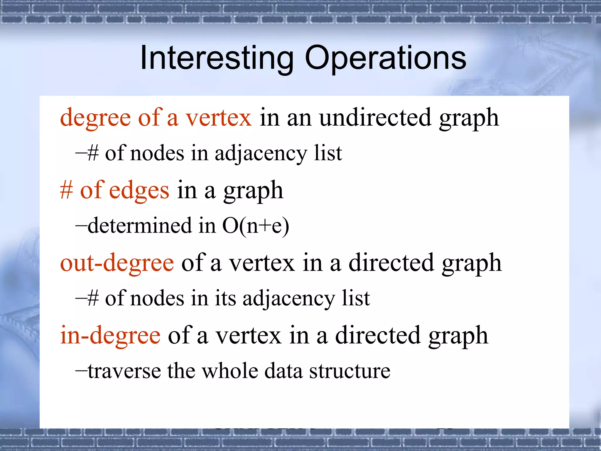 Interesting Operations
degree of a vertex in an undirected graph
 –# of nodes in adjacency list
# of edges in a graph
 –determined in O(n+e)
out-degree of a vertex in a directed graph
 –# of nodes in its adjacency list
in-degree of a vertex in a directed graph
 –traverse the whole data structure

                CHAPTER 6             23
 