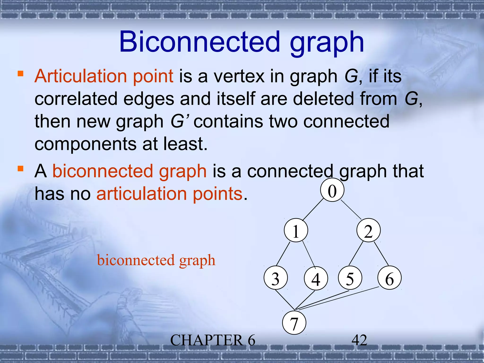 Biconnected graph
 Articulation point is a vertex in graph G, if its
  correlated edges and itself are deleted from G,
  then new graph G’ contains two connected
  components at least.
 A biconnected graph is a connected graph that
  has no articulation points.           0

                                    1           2
          biconnected graph
                                3       4   5       6

                                    7
                    CHAPTER 6               42
 