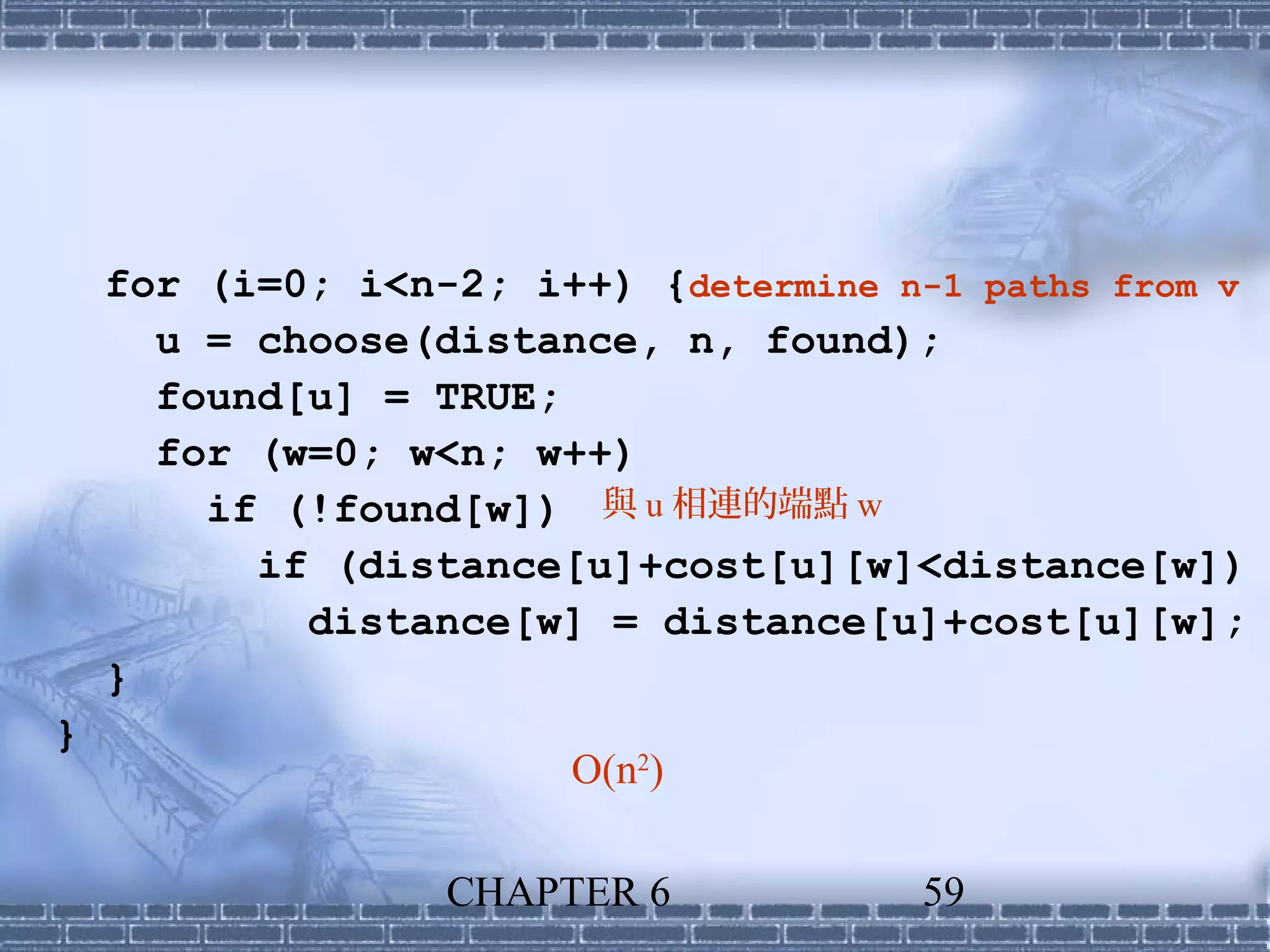 for (i=0; i<n-2; i++) {determine n-1 paths from v
      u = choose(distance, n, found);
      found[u] = TRUE;
      for (w=0; w<n; w++)
        if (!found[w]) 與 u 相連的端點 w
          if (distance[u]+cost[u][w]<distance[w])
            distance[w] = distance[u]+cost[u][w];
    }
}
                        O(n2)

                  CHAPTER 6            59
 