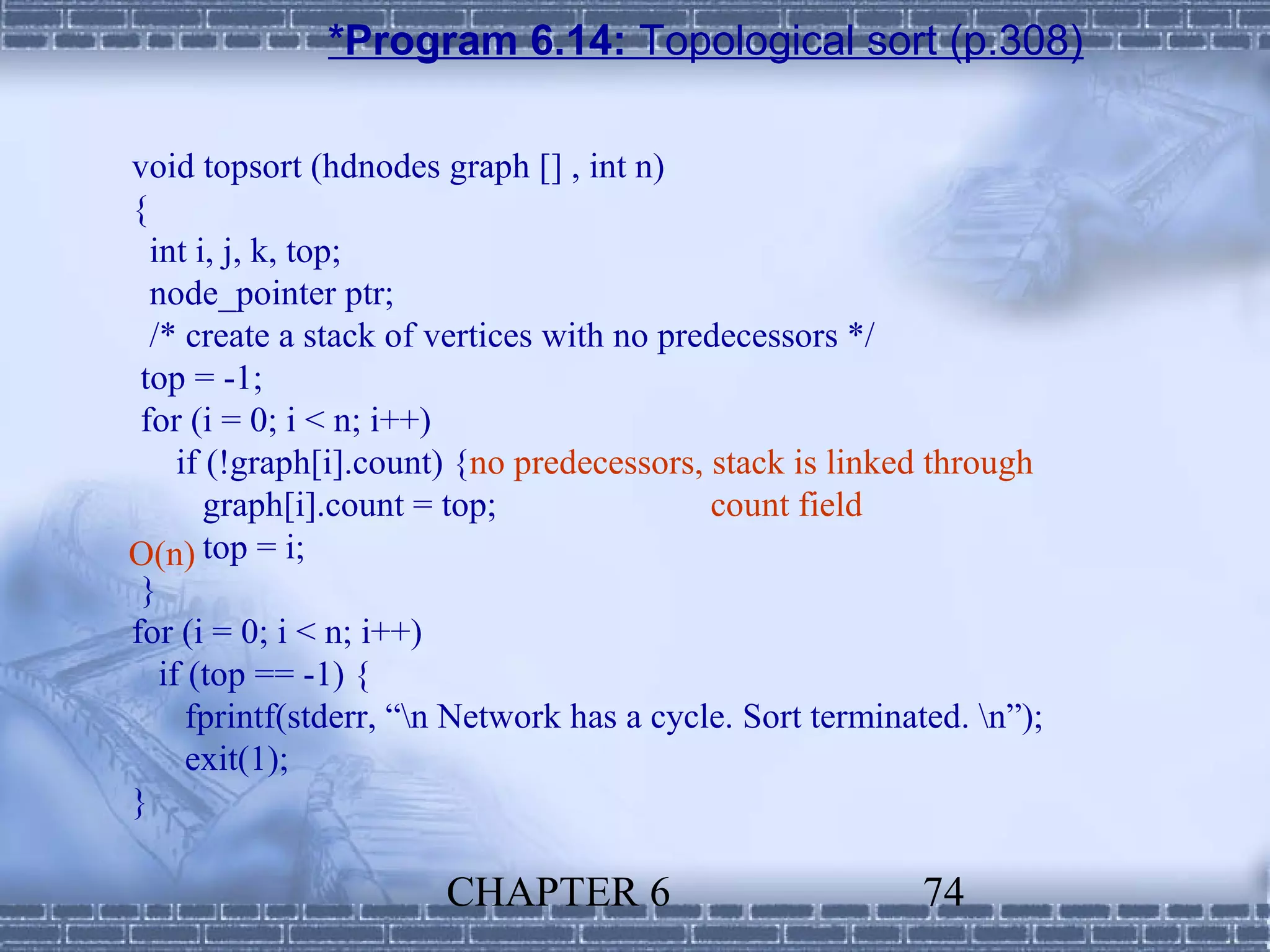 *Program 6.14: Topological sort (p.308)

void topsort (hdnodes graph [] , int n)
{
  int i, j, k, top;
  node_pointer ptr;
  /* create a stack of vertices with no predecessors */
 top = -1;
 for (i = 0; i < n; i++)
     if (!graph[i].count) {no predecessors, stack is linked through
        graph[i].count = top;               count field
O(n) top = i;
 }
for (i = 0; i < n; i++)
   if (top == -1) {
      fprintf(stderr, “n Network has a cycle. Sort terminated. n”);
      exit(1);
}

                       CHAPTER 6                           74
 