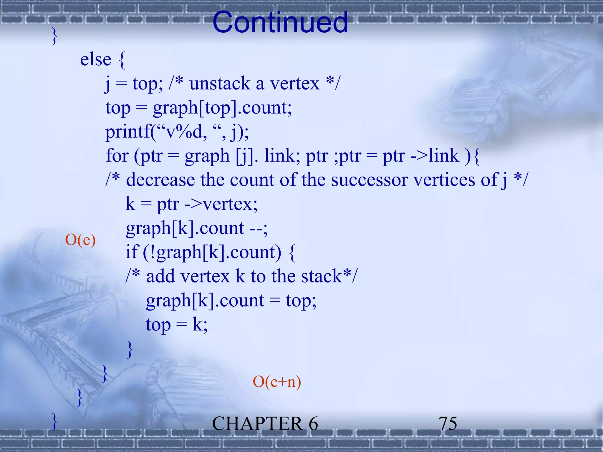 }                    Continued
    else {
        j = top; /* unstack a vertex */
        top = graph[top].count;
        printf(“v%d, “, j);
        for (ptr = graph [j]. link; ptr ;ptr = ptr ->link ){
        /* decrease the count of the successor vertices of j */
           k = ptr ->vertex;
           graph[k].count --;
  O(e)
           if (!graph[k].count) {
           /* add vertex k to the stack*/
              graph[k].count = top;
              top = k;
           }
       }                    O(e+n)
   }
}                      CHAPTER 6                       75
 