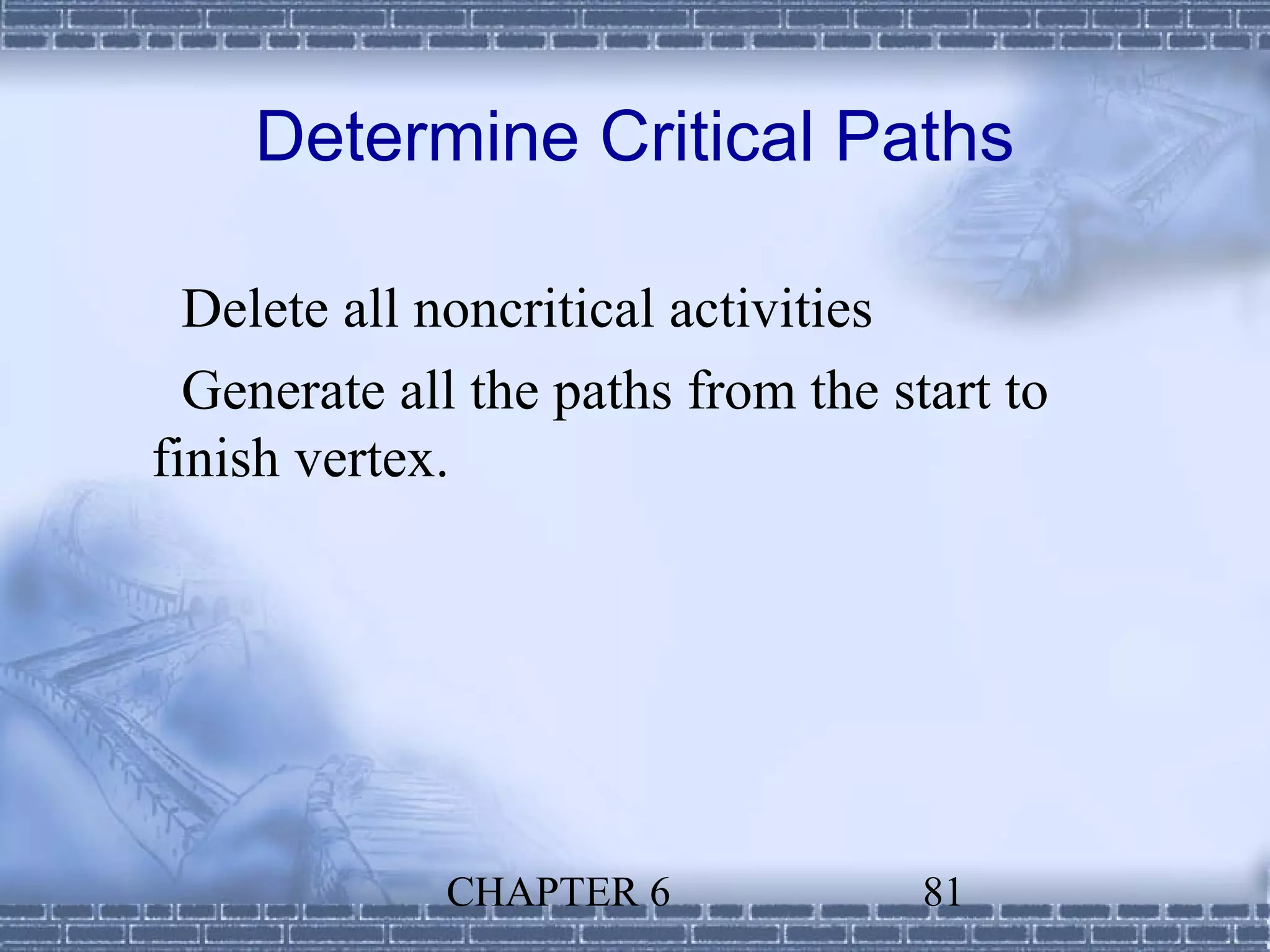 Determine Critical Paths

  Delete all noncritical activities
  Generate all the paths from the start to
finish vertex.




             CHAPTER 6              81
 