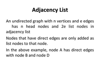 Adjacency ListAdjacency List
An undirected graph with n vertices and e edges
has n head nodes and 2e list nodes in
adjacency list
Nodes that have direct edges are only added as
list nodes to that node.
In the above example, node A has direct edges
with node B and node D
 