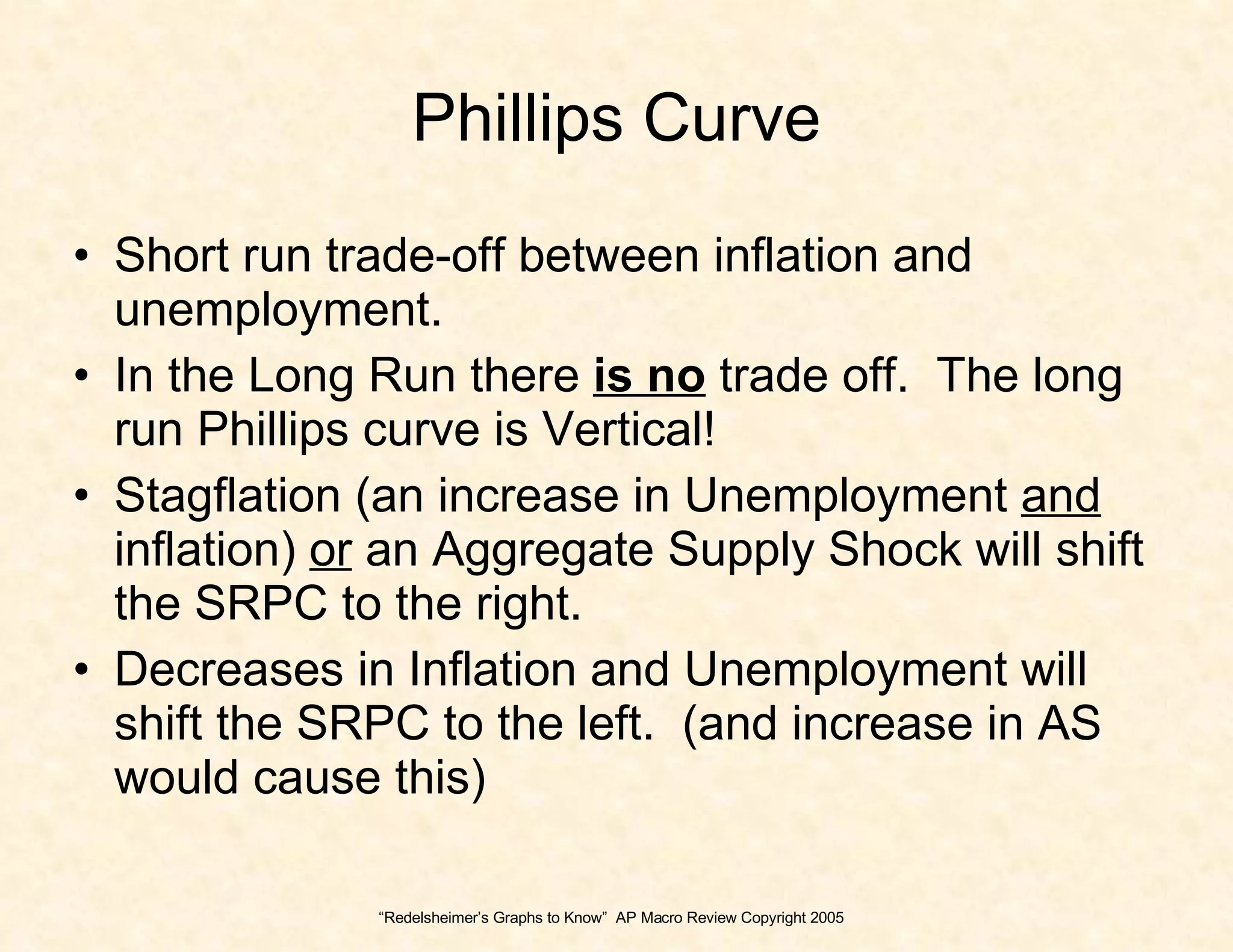 Phillips Curve Short run trade-off between inflation and unemployment.  In the Long Run there  is no  trade off.  The long run Phillips curve is Vertical! Stagflation (an increase in Unemployment  and  inflation)  or  an Aggregate Supply Shock will shift the SRPC to the right.  Decreases in Inflation and Unemployment will shift the SRPC to the left.  (and increase in AS would cause this) “ Redelsheimer’s Graphs to Know”  AP Macro Review Copyright 2005 