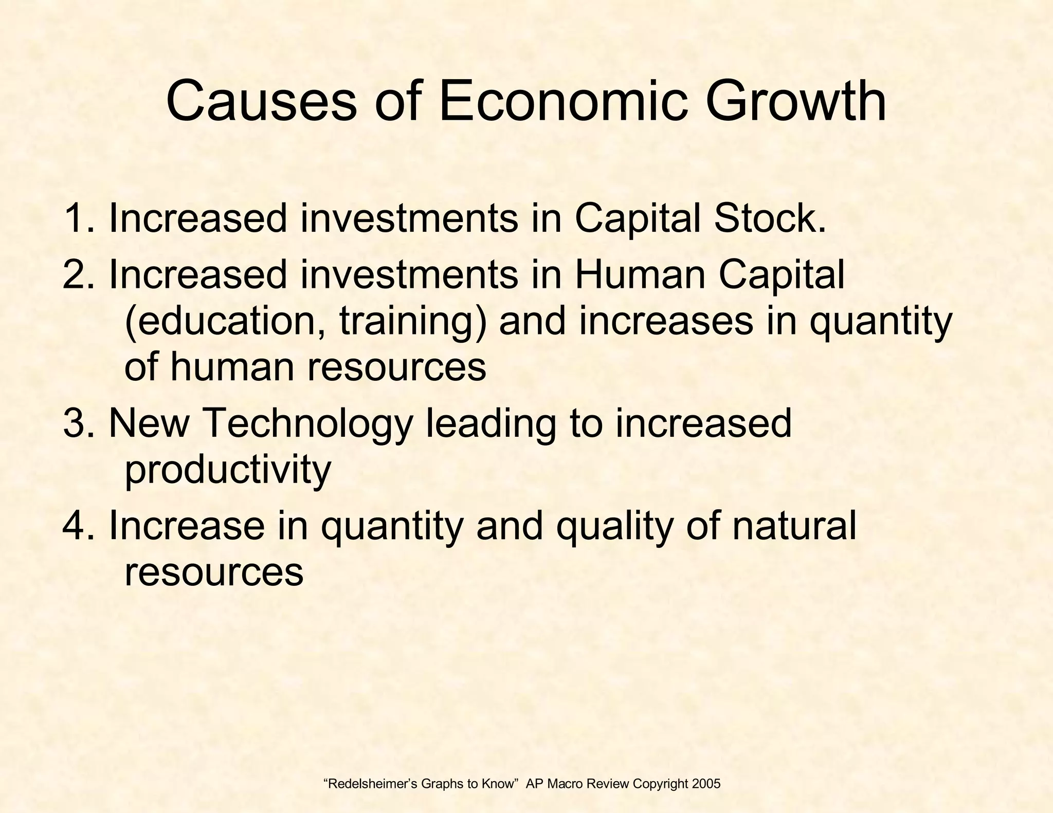 Causes of Economic Growth 1. Increased investments in Capital Stock.  2. Increased investments in Human Capital (education, training) and increases in quantity of human resources 3. New Technology leading to increased productivity 4. Increase in quantity and quality of natural resources “ Redelsheimer’s Graphs to Know”  AP Macro Review Copyright 2005 