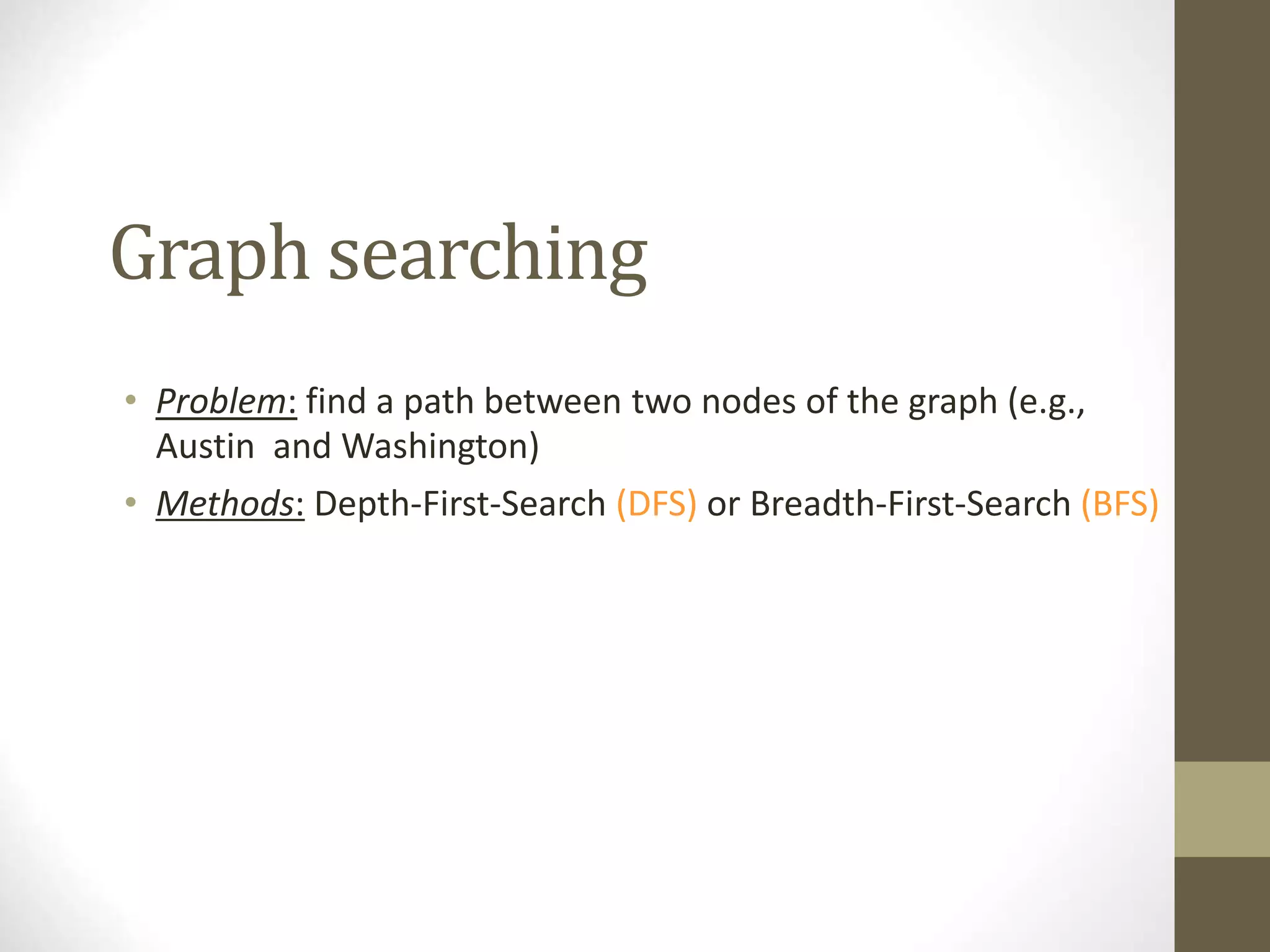Graph searching
• Problem: find a path between two nodes of the graph (e.g.,
Austin and Washington)
• Methods: Depth-First-Search (DFS) or Breadth-First-Search (BFS)
 