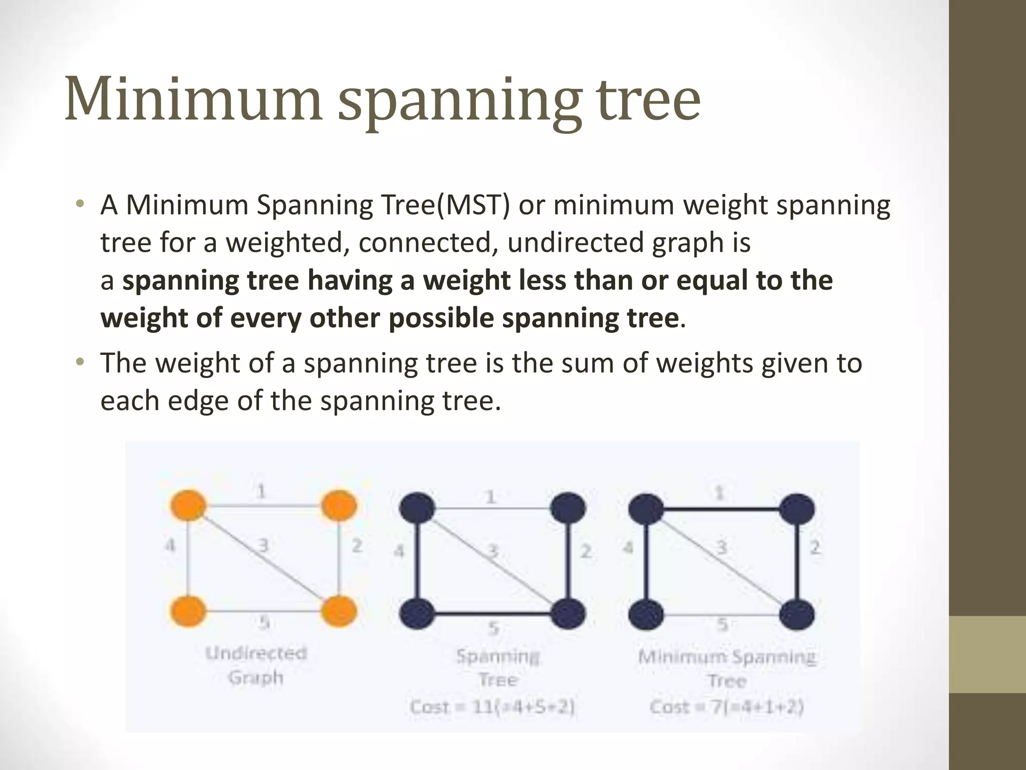 Minimum spanning tree
• A Minimum Spanning Tree(MST) or minimum weight spanning
tree for a weighted, connected, undirected graph is
a spanning tree having a weight less than or equal to the
weight of every other possible spanning tree.
• The weight of a spanning tree is the sum of weights given to
each edge of the spanning tree.
 