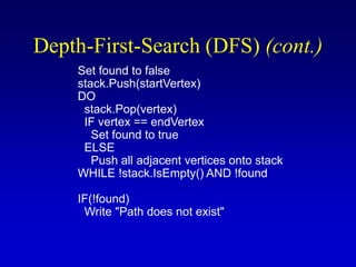 Set found to false
stack.Push(startVertex)
DO
stack.Pop(vertex)
IF vertex == endVertex
Set found to true
ELSE
Push all adjacent vertices onto stack
WHILE !stack.IsEmpty() AND !found
IF(!found)
Write "Path does not exist"
Depth-First-Search (DFS) (cont.)
 
