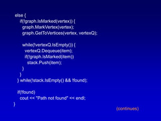 else {
if(!graph.IsMarked(vertex)) {
graph.MarkVertex(vertex);
graph.GetToVertices(vertex, vertexQ);
while(!vertexQ.IsEmpty()) {
vertexQ.Dequeue(item);
if(!graph.IsMarked(item))
stack.Push(item);
}
}
} while(!stack.IsEmpty() && !found);
if(!found)
cout << "Path not found" << endl;
}
(continues)
 