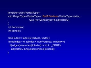 template<class VertexType>
void GraphType<VertexType>::GetToVertices(VertexType vertex,
QueTye<VertexType>& adjvertexQ)
{
int fromIndex;
int toIndex;
fromIndex = IndexIs(vertices, vertex);
for(toIndex = 0; toIndex < numVertices; toIndex++)
if(edges[fromIndex][toIndex] != NULL_EDGE)
adjvertexQ.Enqueue(vertices[toIndex]);
}
 