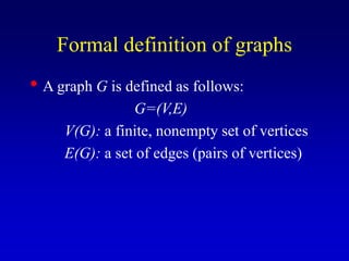 Formal definition of graphs
• A graph G is defined as follows:
G=(V,E)
V(G): a finite, nonempty set of vertices
E(G): a set of edges (pairs of vertices)
 