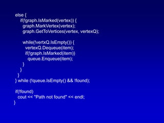 else {
if(!graph.IsMarked(vertex)) {
graph.MarkVertex(vertex);
graph.GetToVertices(vertex, vertexQ);
while(!vertxQ.IsEmpty()) {
vertexQ.Dequeue(item);
if(!graph.IsMarked(item))
queue.Enqueue(item);
}
}
}
} while (!queue.IsEmpty() && !found);
if(!found)
cout << "Path not found" << endl;
}
 