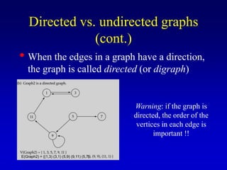 • When the edges in a graph have a direction,
the graph is called directed (or digraph)
Directed vs. undirected graphs
(cont.)
E(Graph2) = {(1,3) (3,1) (5,9) (9,11) (5,7)
Warning: if the graph is
directed, the order of the
vertices in each edge is
important !!
 