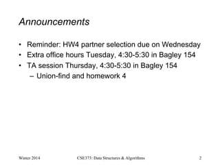 Announcements
• Reminder: HW4 partner selection due on Wednesday
• Extra office hours Tuesday, 4:30-5:30 in Bagley 154
• TA session Thursday, 4:30-5:30 in Bagley 154
– Union-find and homework 4
Winter 2014 2
CSE373: Data Structures & Algorithms
 