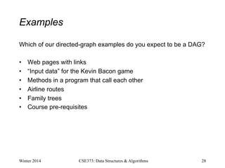 Examples
Which of our directed-graph examples do you expect to be a DAG?
• Web pages with links
• “Input data” for the Kevin Bacon game
• Methods in a program that call each other
• Airline routes
• Family trees
• Course pre-requisites
Winter 2014 28
CSE373: Data Structures & Algorithms
 