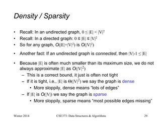 Density / Sparsity
• Recall: In an undirected graph, 0 ≤ |E| < |V|2
• Recall: In a directed graph: 0 ≤ |E| ≤ |V|2
• So for any graph, O(|E|+|V|2) is O(|V|2)
• Another fact: If an undirected graph is connected, then |V|-1 ≤ |E|
• Because |E| is often much smaller than its maximum size, we do not
always approximate |E| as O(|V|2)
– This is a correct bound, it just is often not tight
– If it is tight, i.e., |E| is Θ(|V|2) we say the graph is dense
• More sloppily, dense means “lots of edges”
– If |E| is O(|V|) we say the graph is sparse
• More sloppily, sparse means “most possible edges missing”
Winter 2014 29
CSE373: Data Structures & Algorithms
 