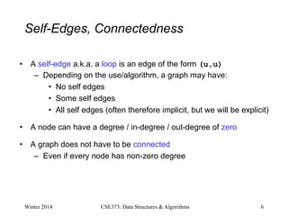 Self-Edges, Connectedness
• A self-edge a.k.a. a loop is an edge of the form (u,u)
– Depending on the use/algorithm, a graph may have:
• No self edges
• Some self edges
• All self edges (often therefore implicit, but we will be explicit)
• A node can have a degree / in-degree / out-degree of zero
• A graph does not have to be connected
– Even if every node has non-zero degree
Winter 2014 6
CSE373: Data Structures & Algorithms
 