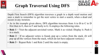 Graph Traversal Using DFS
Depth First Search (DFS) algorithm traverses a graph in a depth ward motion and
uses a stack to remember to get the next vertex to start a search, when a dead end
occurs in any iteration.
• As in the example given above, DFS algorithm traverses from A to B to C to D
first then to E, then to F and lastly to G. It employs the following rules.
• Rule 1 − Visit the adjacent unvisited vertex. Mark it as visited. Display it. Push it
in a stack.
• Rule 2 − If no adjacent vertex is found, pop up a vertex from the stack. (It will
pop up all the vertices from the stack, which do not have adjacent vertices.)
• Rule 3 − Repeat Rule 1 and Rule 2 until the stack is empty.
25
 