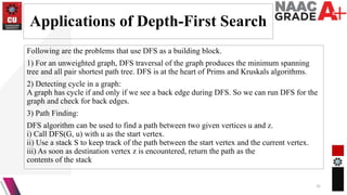 Applications of Depth-First Search
Following are the problems that use DFS as a building block.
1) For an unweighted graph, DFS traversal of the graph produces the minimum spanning
tree and all pair shortest path tree. DFS is at the heart of Prims and Kruskals algorithms.
2) Detecting cycle in a graph:
A graph has cycle if and only if we see a back edge during DFS. So we can run DFS for the
graph and check for back edges.
3) Path Finding:
DFS algorithm can be used to find a path between two given vertices u and z.
i) Call DFS(G, u) with u as the start vertex.
ii) Use a stack S to keep track of the path between the start vertex and the current vertex.
iii) As soon as destination vertex z is encountered, return the path as the
contents of the stack
31
 