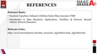 REFERENCES
Reference Books:
• Seymour Lipschutz, Schaum's Outlines Series Data structures TMH
• Introduction to Data Structures Applications, Trembley & Soreson, Second
Edition, Pearson Education
Reference Links:
https://www.tutorialspoint.com/data_structures_algorithms/stack_algorithm.htm
45
 