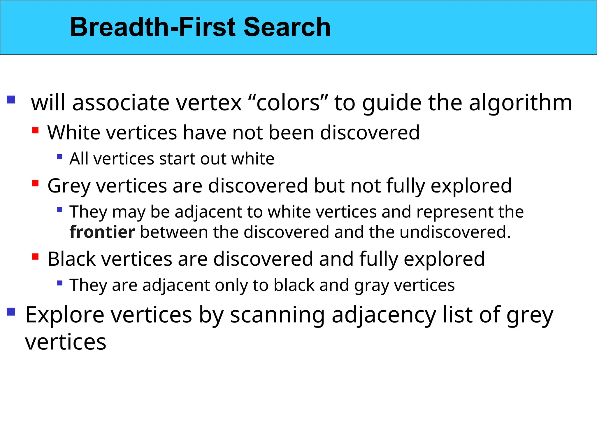  will associate vertex “colors” to guide the algorithm

White vertices have not been discovered

All vertices start out white

Grey vertices are discovered but not fully explored

They may be adjacent to white vertices and represent the
frontier between the discovered and the undiscovered.
 Black vertices are discovered and fully explored

They are adjacent only to black and gray vertices
 Explore vertices by scanning adjacency list of grey
vertices
Breadth-First Search
 