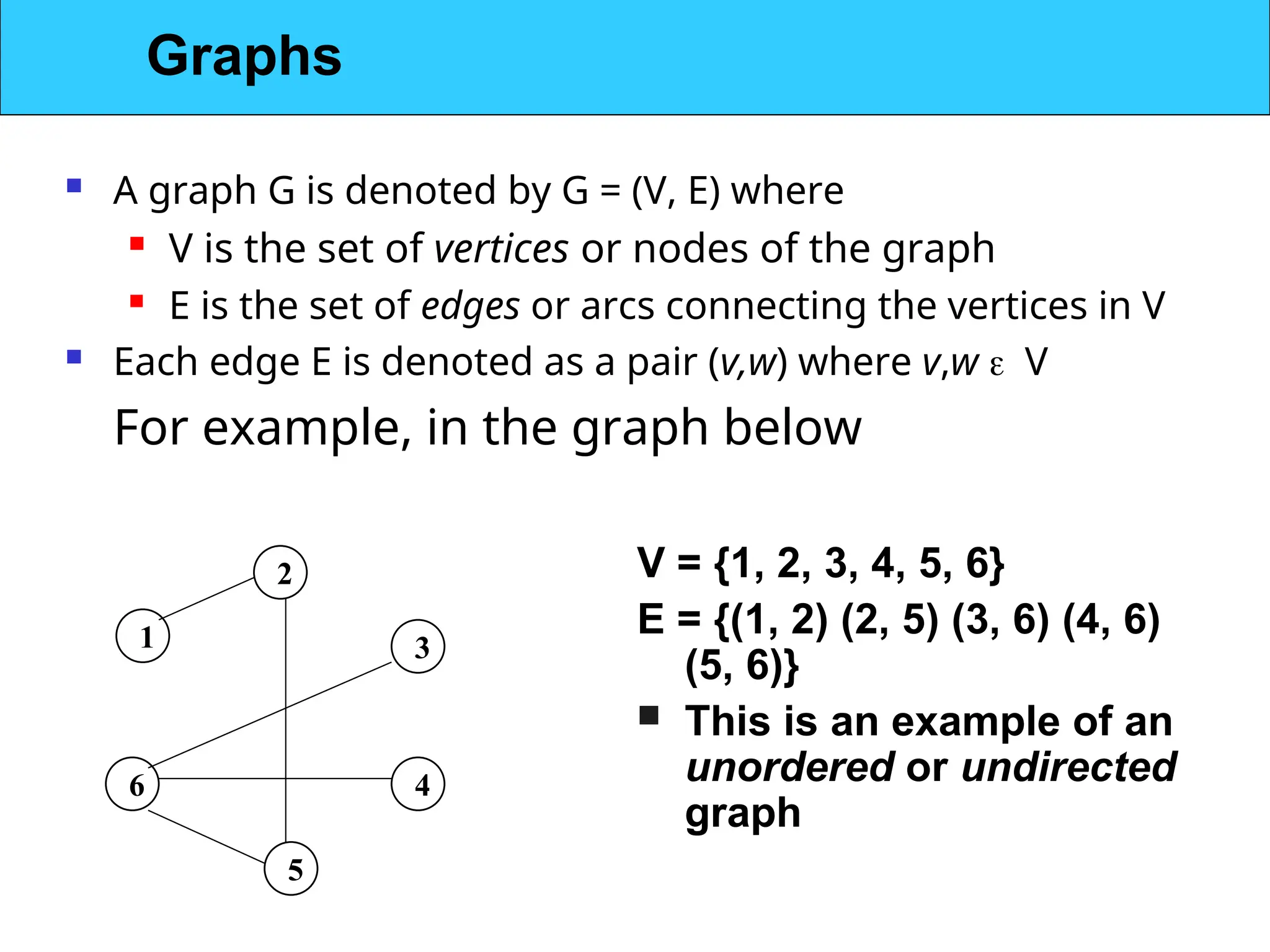  A graph G is denoted by G = (V, E) where
 V is the set of vertices or nodes of the graph
 E is the set of edges or arcs connecting the vertices in V
 Each edge E is denoted as a pair (v,w) where v,w V
For example, in the graph below
1
2
5
6 4
3
V = {1, 2, 3, 4, 5, 6}
E = {(1, 2) (2, 5) (3, 6) (4, 6)
(5, 6)}
 This is an example of an
unordered or undirected
graph
Graphs
 