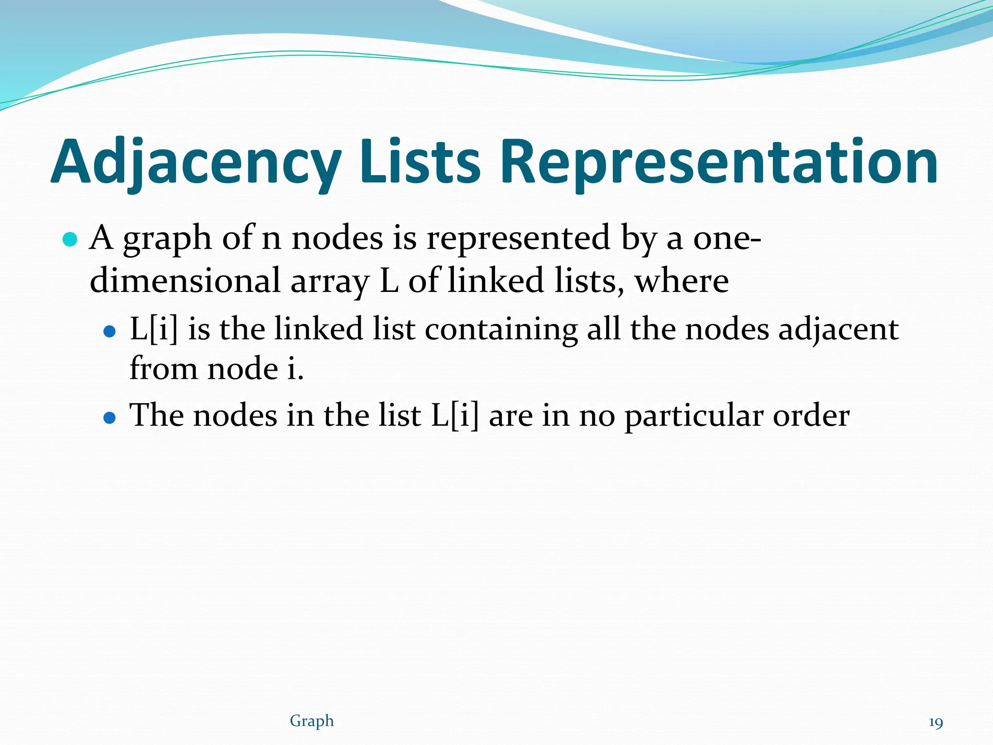 Adjacency Lists Representation
● A graph of n nodes is represented by a one-
dimensional array L of linked lists, where
● L[i] is the linked list containing all the nodes adjacent
from node i.
● The nodes in the list L[i] are in no particular order
Graph 19
 