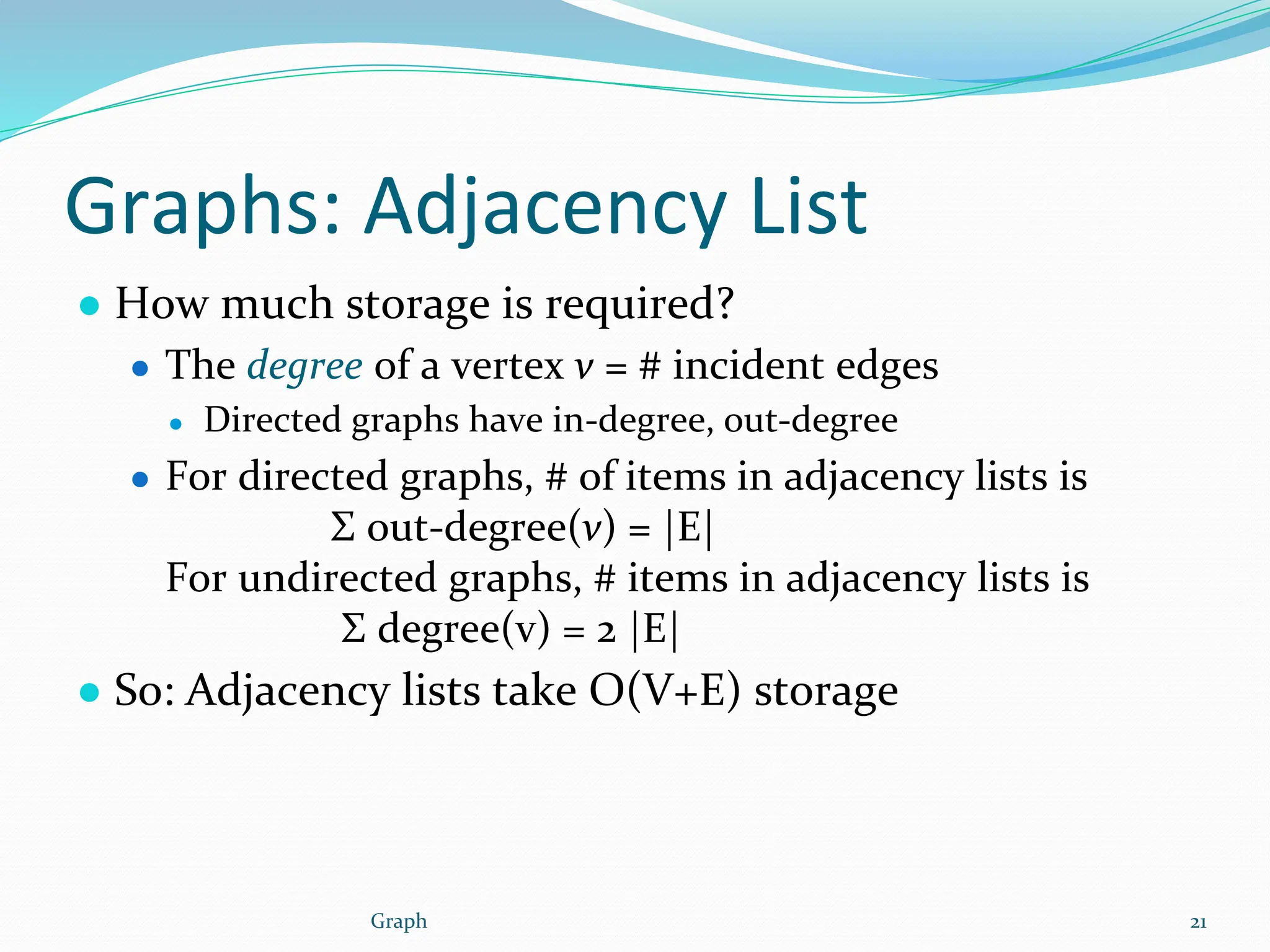 Graphs: Adjacency List
● How much storage is required?
● The degree of a vertex v = # incident edges
● Directed graphs have in-degree, out-degree
● For directed graphs, # of items in adjacency lists is
Σ out-degree(v) = |E|
For undirected graphs, # items in adjacency lists is
Σ degree(v) = 2 |E|
● So: Adjacency lists take O(V+E) storage
21
Graph
 