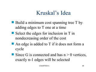 CHAPTER 6 48
Kruskal’s Idea
 Build a minimum cost spanning tree T by
adding edges to T one at a time
 Select the edges for inclusion in T in
nondecreasing order of the cost
 An edge is added to T if it does not form a
cycle
 Since G is connected and has n > 0 vertices,
exactly n-1 edges will be selected
 