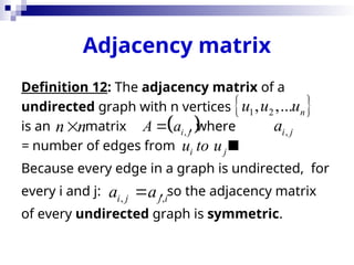 Adjacency matrix
Definition 12: The adjacency matrix of a
undirected graph with n vertices
is an matrix , where
= number of edges from 
Because every edge in a graph is undirected, for
every i and j: , so the adjacency matrix
of every undirected graph is symmetric.
 
1 2
, ,... n
u u u
n n
  
,
i j
A a
 ,
i j
a
i j
u to u
, ,
i j j i
a a

 