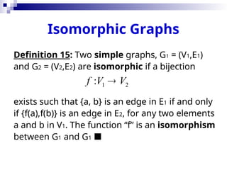 Isomorphic Graphs
Definition 15: Two simple graphs, G1 = (V1,E1)
and G2 = (V2,E2) are isomorphic if a bijection
exists such that {a, b} is an edge in E1 if and only
if {f(a),f(b)} is an edge in E2, for any two elements
a and b in V1. The function “f” is an isomorphism
between G1 and G1 
1 2
:
f V V

 
