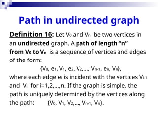 Path in undirected graph
Definition 16: Let V0 and Vn be two vertices in
an undirected graph. A path of length “n”
from V0 to Vn is a sequence of vertices and edges
of the form:
{V0, e1, V1, e2, V2,…, Vn-1, en, Vn},
where each edge ei is incident with the vertices Vi-1
and Vi for i=1,2,…,n. If the graph is simple, the
path is uniquely determined by the vertices along
the path: {V0, V1, V2,…, Vn-1, Vn}.
 
