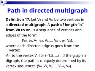 Path in directed multigraph
Definition 17: Let V0 and Vn be two vertices in
a directed multigraph. A path of length “n”
from V0 to Vn is a sequence of vertices and
edges of the form:
{V0, e1, V1, e2, V2,…, Vn-1, en, Vn},
where each directed edge ei goes from the
vertex
Vi-1 to the vertex Vi for i=1,2,…,n. If the graph is
digraph, the path is uniquely determined by its
vertex sequence: {V0, V1, V2,…, Vn-1, Vn}.
 