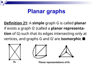Planar graphs
Definition 21: A simple graph G is called planar
if exists a graph G’ (called a planar representa-
tion of G) such that its edges intersecting only at
vertices, and graphs G and G’ are isomorphic 
K4 Planar representations of K4
 