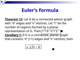 Euler’s formula
Theorem 12: Let G be a connected planar graph
with “e” edges and “v” vertices. Let “r” be the
number of regions formed by a planar
representation of G. Then r = e - v + 2 
Corollary 1:
Corollary 1: If G is a connected, planar graph
that contains “e” (>1) edges and “v” vertices, then



3 6
e v
 
 