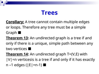 Trees
Corollary:
Corollary: A tree cannot contain multiple edges
or loops. Therefore any tree must be a simple
Graph 
Theorem 13: An undirected graph is a tree if and
only if there is a unique, simple path between any
two vertices 
Theorem 14: An undirected graph T=(V,E) with
|V|=n verticesis is a tree if and only if it has exactly
n –1 edges (|E|=n-1) 
 