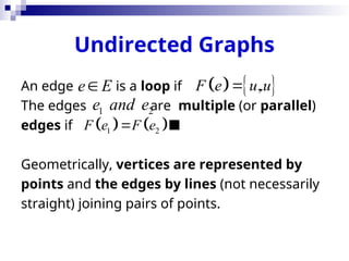 Undirected Graphs
An edge is a loop if .
The edges are multiple (or parallel)
edges if 
Geometrically, vertices are represented by
points and the edges by lines (not necessarily
straight) joining pairs of points.
   
,
F e u u

e E

1 2
e and e
   
1 2
F e F e

 