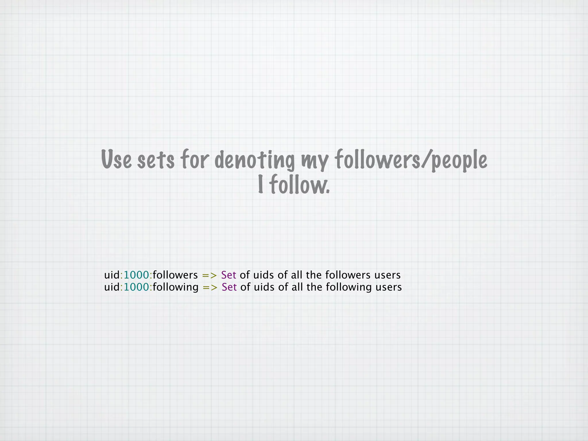 Use sets for denoting my followers/people
                 I follow.


uid:1000:followers => Set of uids of all the followers users
uid:1000:following => Set of uids of all the following users
 