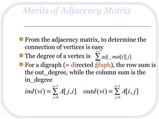 Merits of Adjacency Matrix


From the adjacency matrix, to determine the
connection of vertices is easy
                           n −1

The degree of a vertex is ∑ adj _ mat[i][ j ]
                            j=0
For a digraph (= directed graph), the row sum is
the out_degree, while the column sum is the
in_degree
           n −1                       n −1
ind (vi ) = ∑ A[ j , i ] outd (vi ) = ∑ A[i , j ]
            j =0                      j =0
 