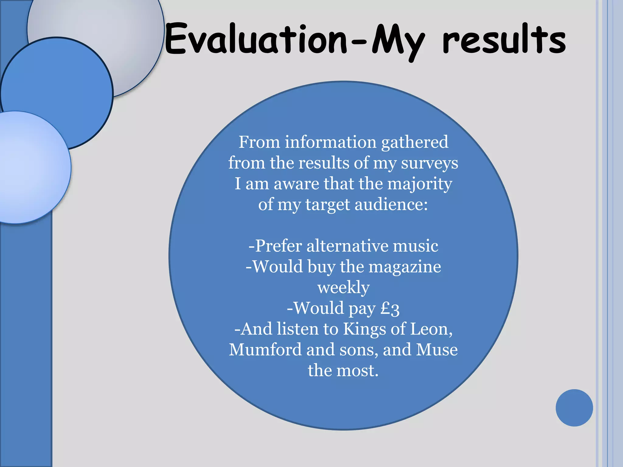Evaluation-My results
From information gathered
from the results of my surveys
I am aware that the majority
of my target audience:
-Prefer alternative music
-Would buy the magazine
weekly
-Would pay £3
-And listen to Kings of Leon,
Mumford and sons, and Muse
the most.
 