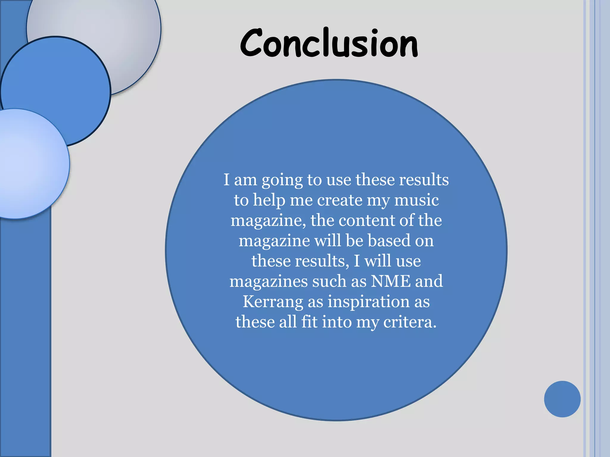 Conclusion
I am going to use these results
to help me create my music
magazine, the content of the
magazine will be based on
these results, I will use
magazines such as NME and
Kerrang as inspiration as
these all fit into my critera.
 