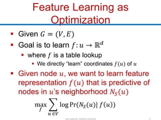 Feature Learning as
Optimization
 Given 𝐺 = (𝑉, 𝐸)
 Goal is to learn 𝑓: 𝑢 → ℝ 𝑑
 where 𝑓 is a table lookup
 We directl...